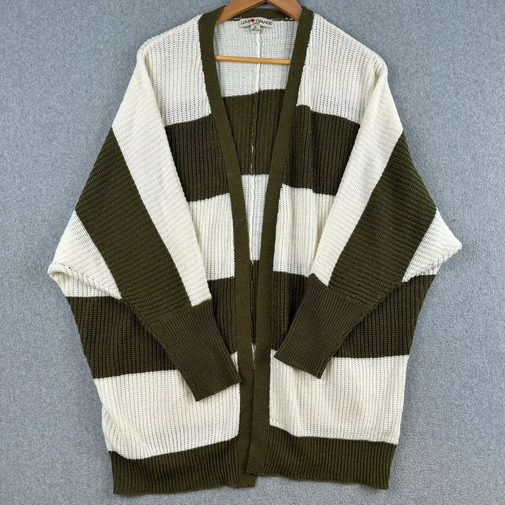 Love Change Cardigan Women's XL‎ Olive White Striped Batwing Knit Sweater Casual